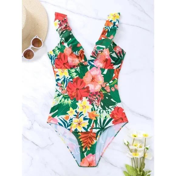 NEW Tropical Ruffle One Piece Swimsuit M - Picture 5 of 8